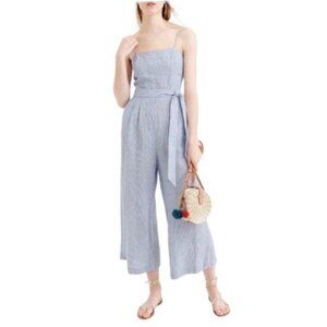 Banana Republic Blue Striped Linen Blend Tie-Waist Wide Leg Jumpsuit Size 12P